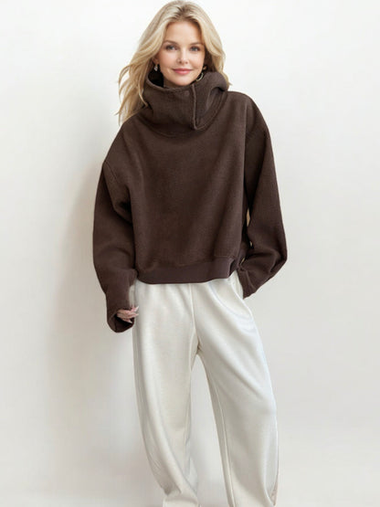 Oversized Sherpa Pullover with Funnel Neck and Button Detail