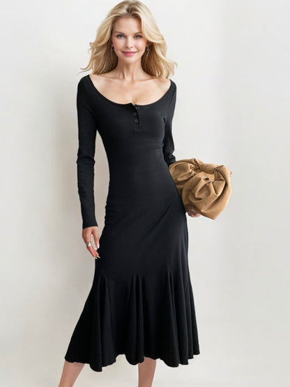 Long Sleeve Flared Hem Maxi Dress with Button Detail