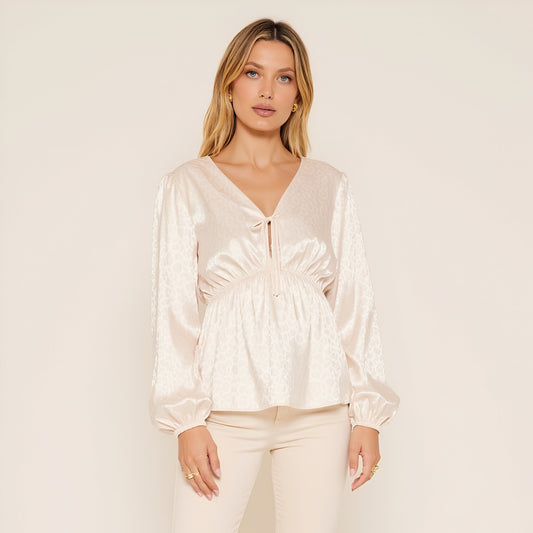 Satin Long Sleeve Blouse with Tie Front and Empire Waist