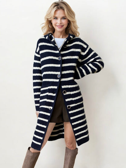 Striped Hooded Long Cardigan with Button Front Closure