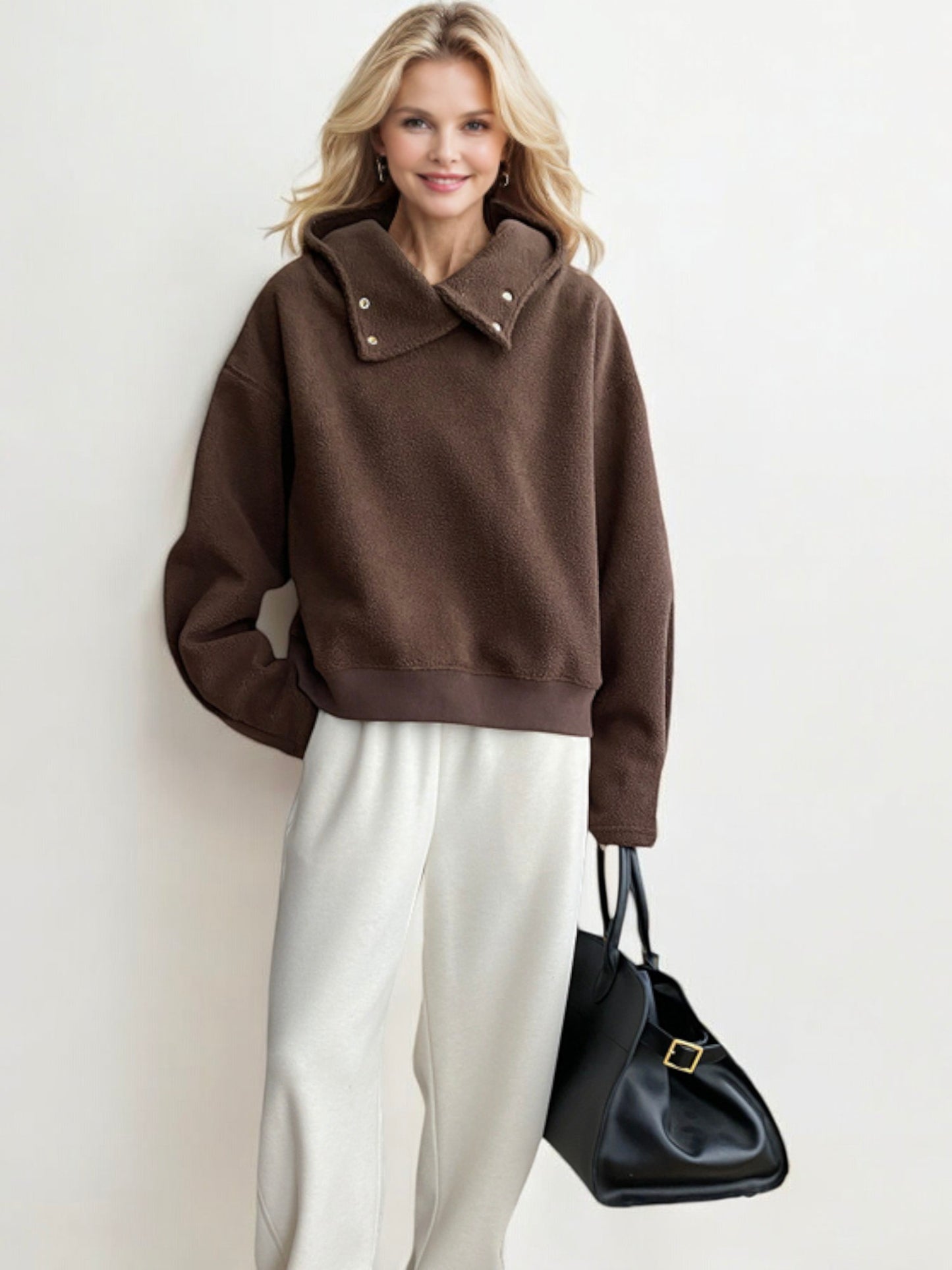 Oversized Sherpa Pullover with Funnel Neck and Button Detail