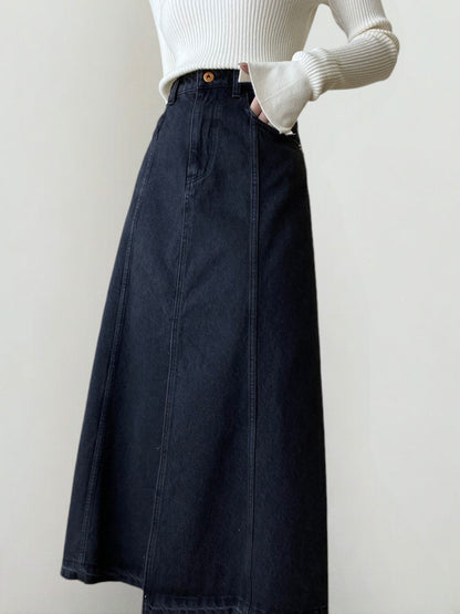 High Waist Denim Midi Skirt with Front Slit and Seam Detailing