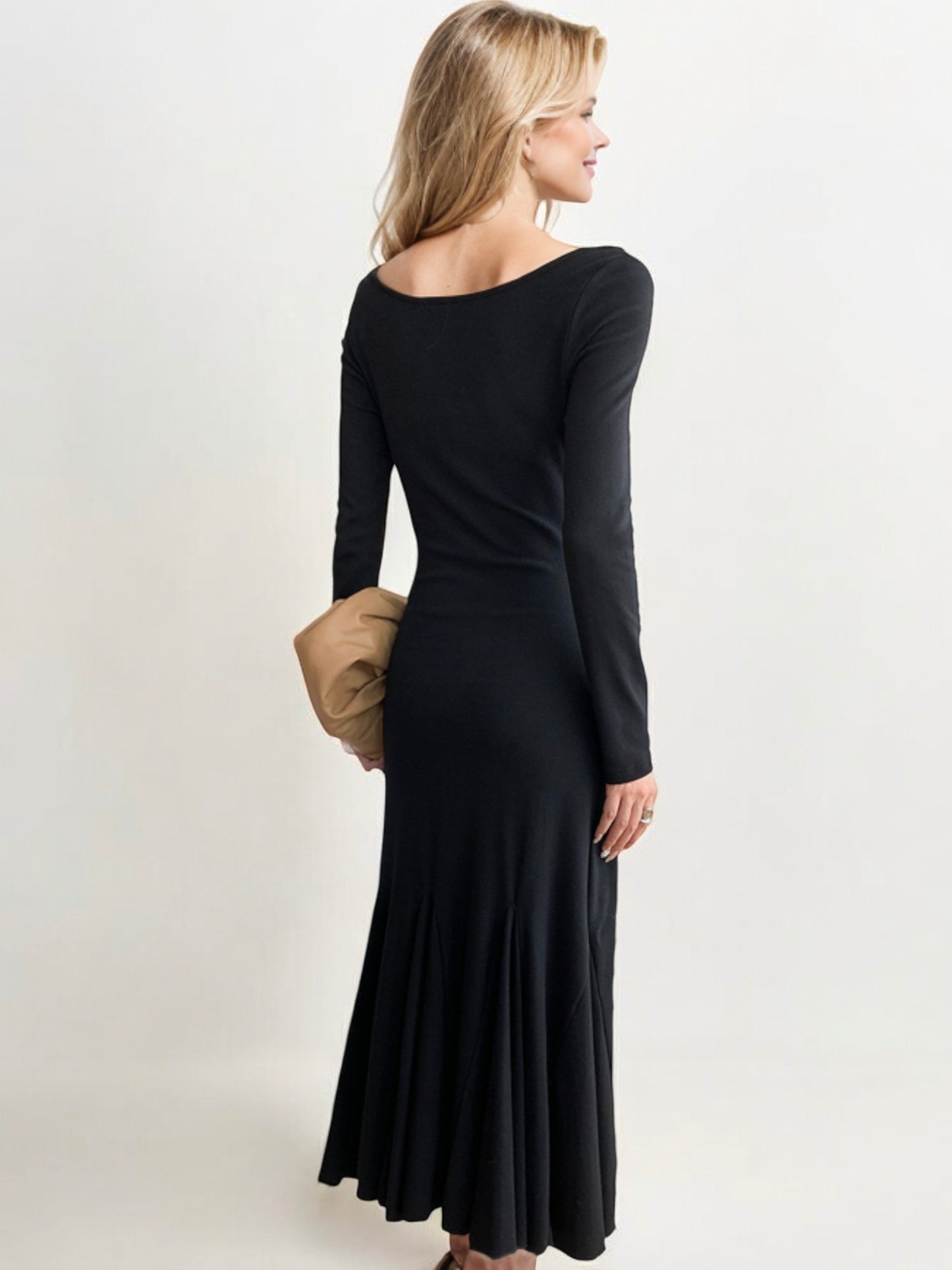 Long Sleeve Flared Hem Maxi Dress with Button Detail