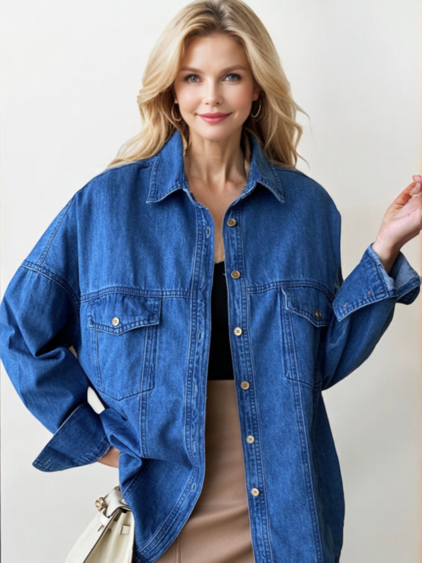 Oversized Button-Up Denim Shirt Jacket with Front Pocket Details