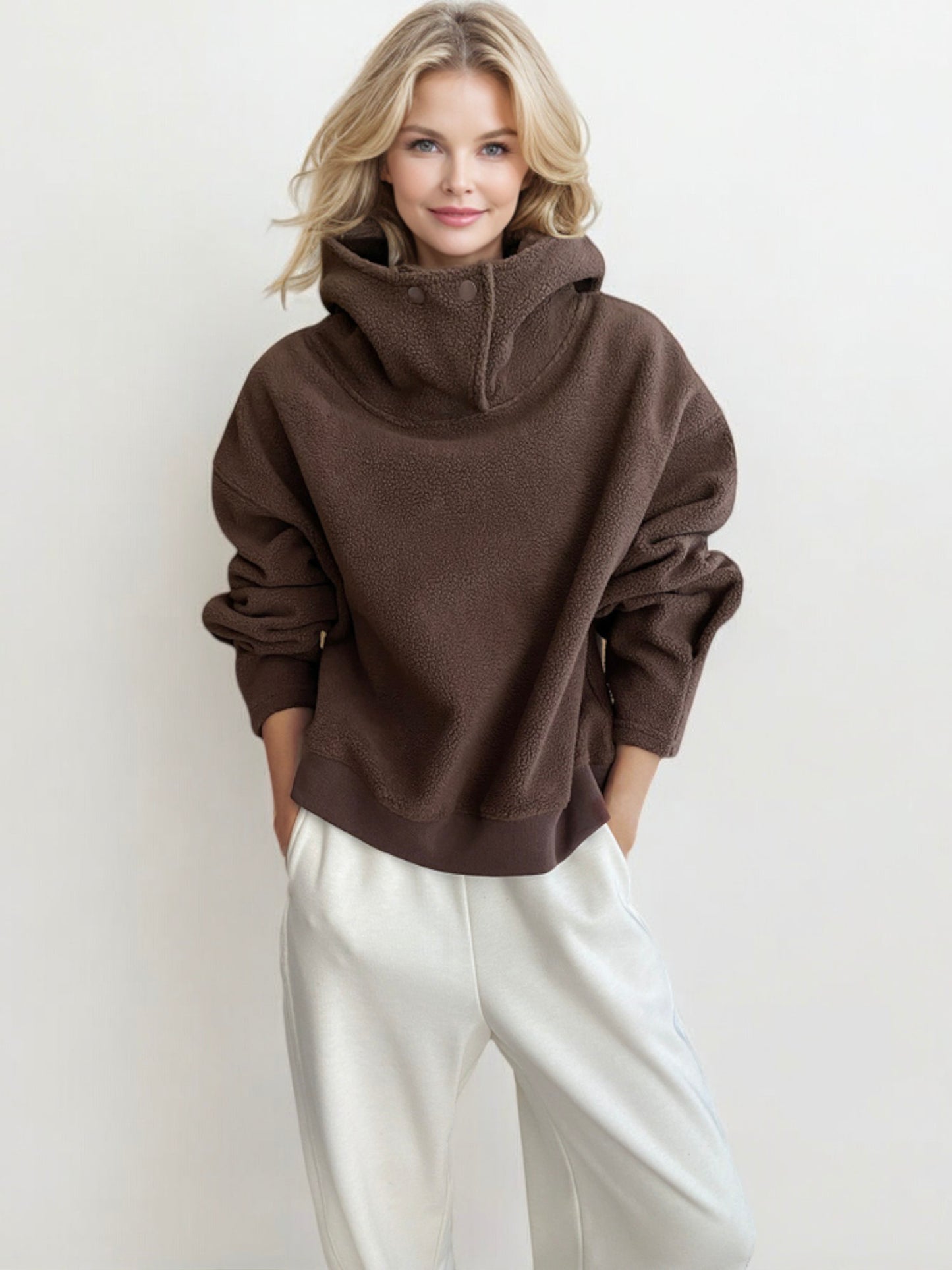 Oversized Sherpa Pullover with Funnel Neck and Button Detail