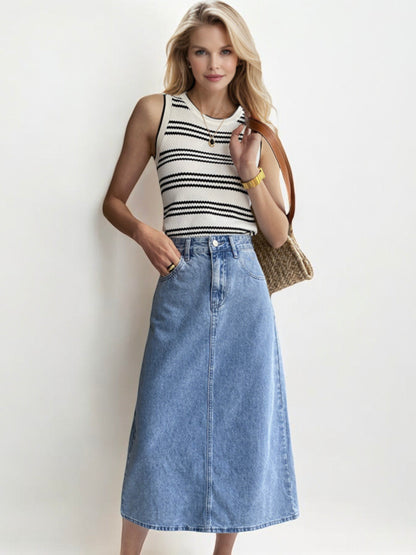 High Waist A-Line Denim Midi Skirt with Front Pockets