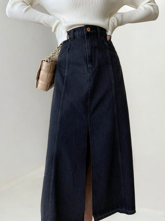 High Waist Denim Midi Skirt with Front Slit and Seam Detailing