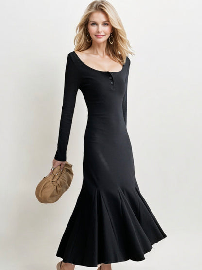 Long Sleeve Flared Hem Maxi Dress with Button Detail