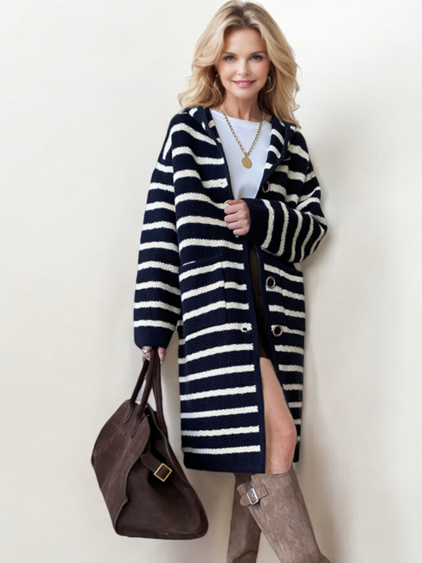 Striped Hooded Long Cardigan with Button Front Closure