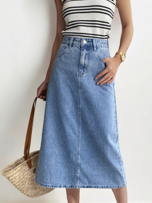 High Waist A-Line Denim Midi Skirt with Front Pockets