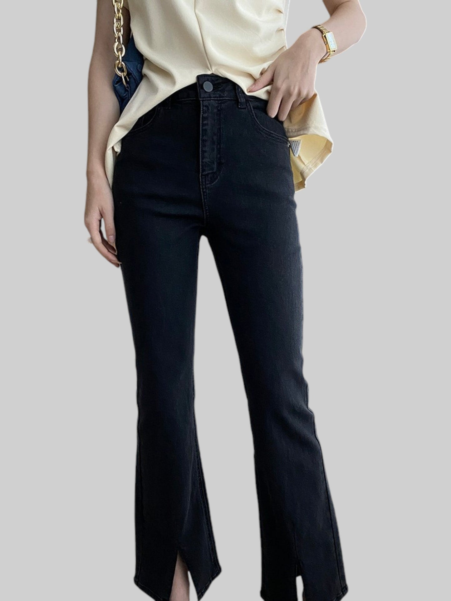 High Waist Skinny Jeans with Front Slit Hem and Classic 5-Pocket Design