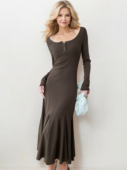 Long Sleeve Flared Hem Maxi Dress with Button Detail