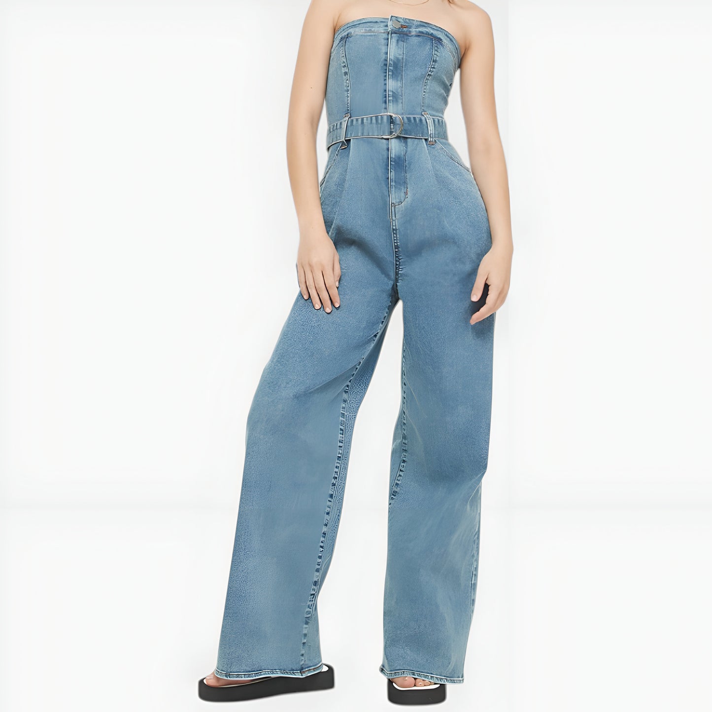 Strapless Denim Jumpsuit with Button Front, Belted Waist and Wide Leg