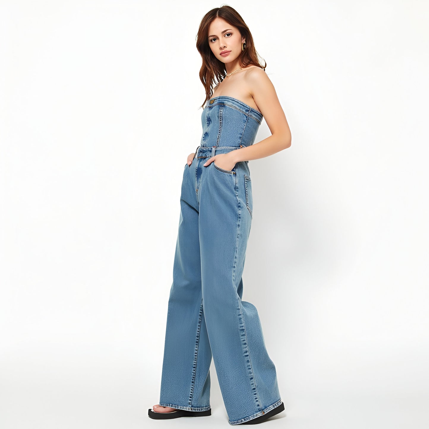 Strapless Denim Jumpsuit with Button Front, Belted Waist and Wide Leg