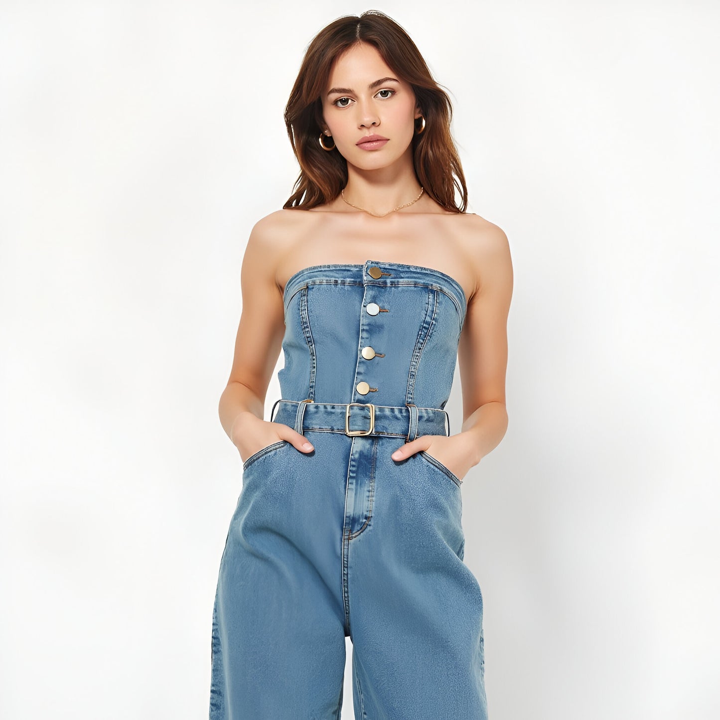 Strapless Denim Jumpsuit with Button Front, Belted Waist and Wide Leg