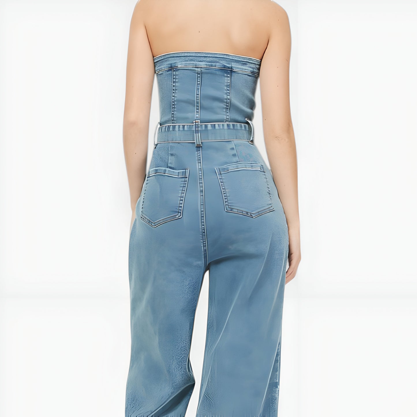 Strapless Denim Jumpsuit with Button Front, Belted Waist and Wide Leg
