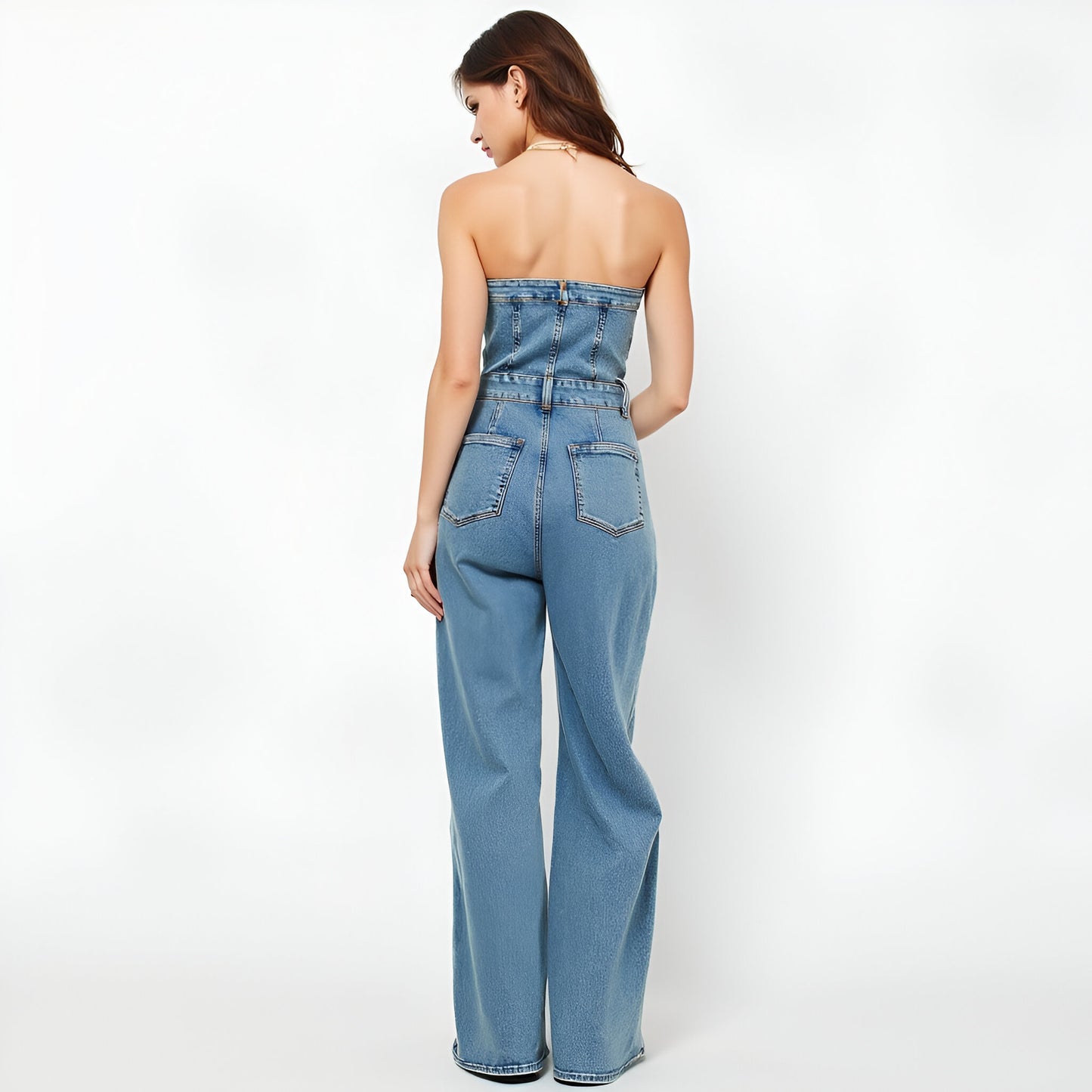 Strapless Denim Jumpsuit with Button Front, Belted Waist and Wide Leg