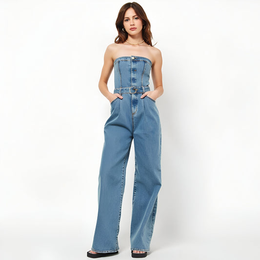 Strapless Denim Jumpsuit with Button Front, Belted Waist and Wide Leg