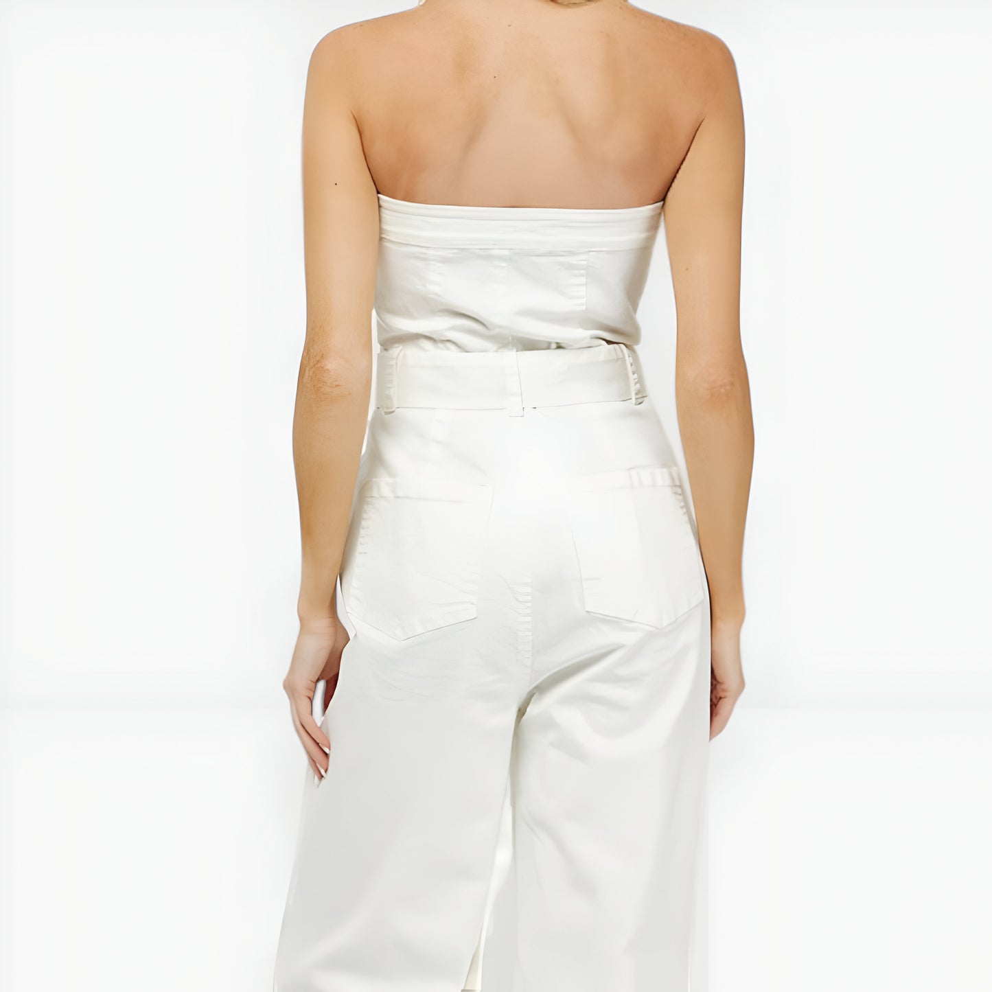 Strapless Denim Jumpsuit with Button Front, Belted Waist and Wide Leg
