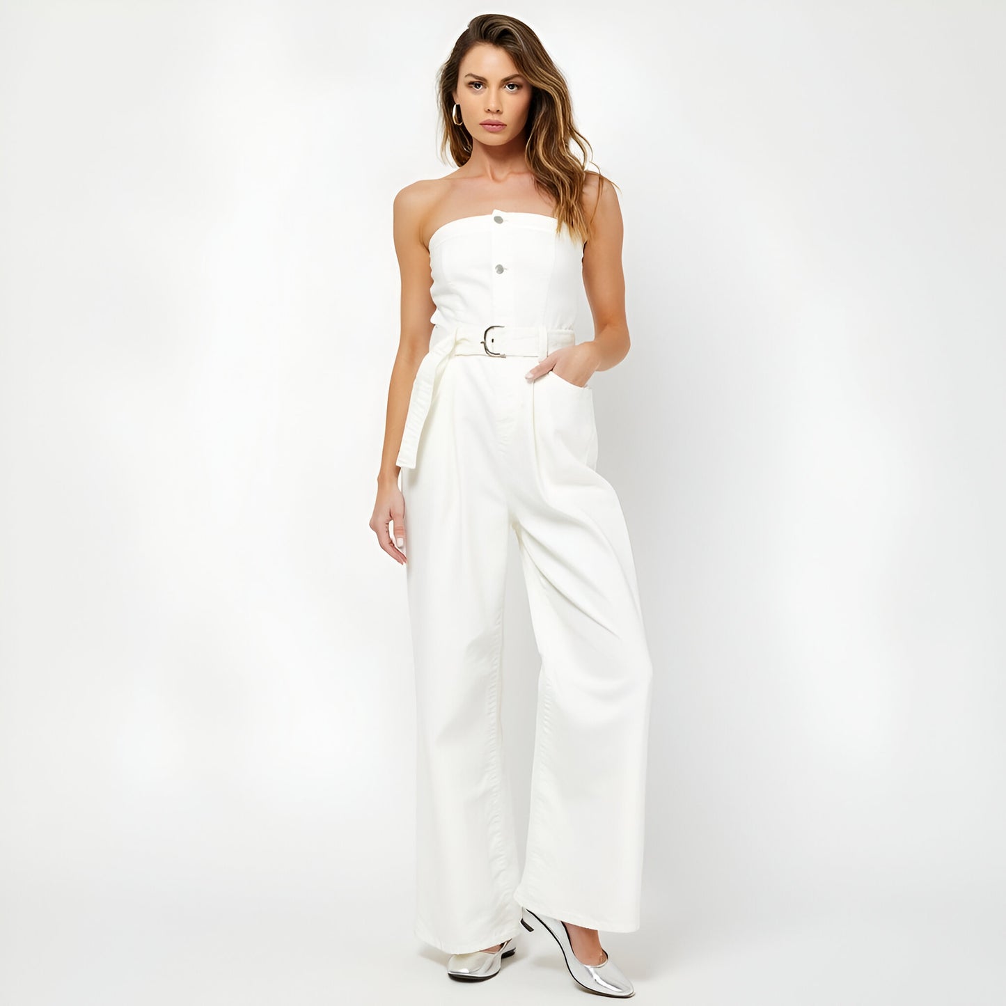 Strapless Denim Jumpsuit with Button Front, Belted Waist and Wide Leg