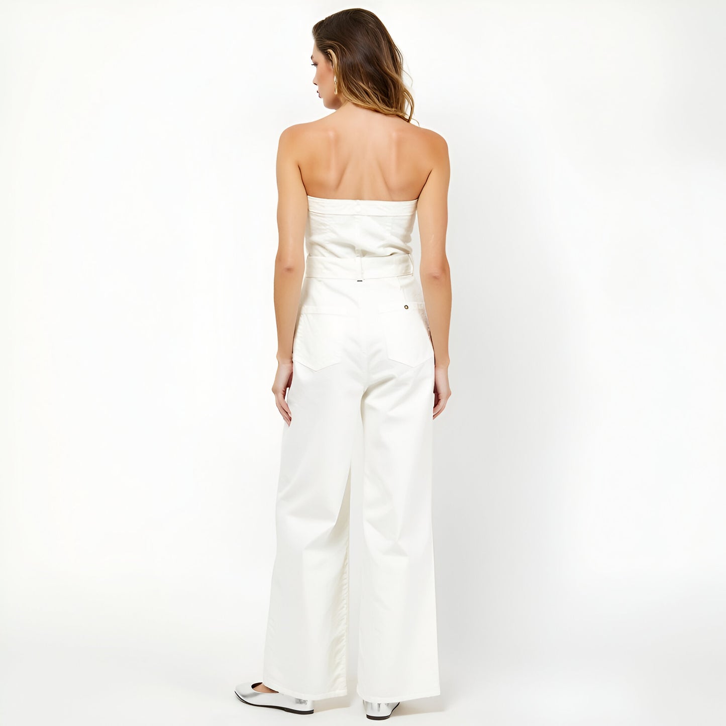Strapless Denim Jumpsuit with Button Front, Belted Waist and Wide Leg