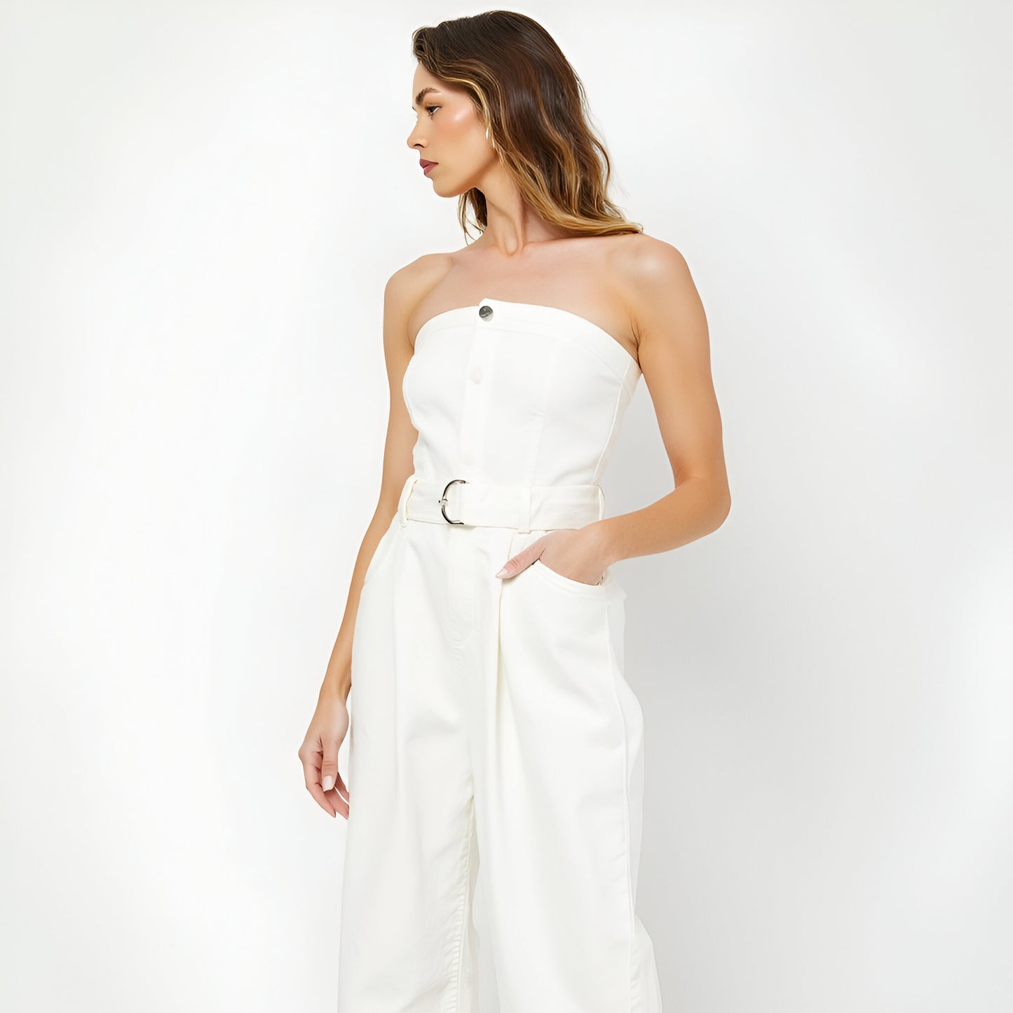 Strapless Denim Jumpsuit with Button Front, Belted Waist and Wide Leg