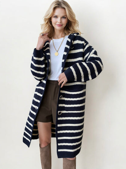 Striped Hooded Long Cardigan with Button Front Closure