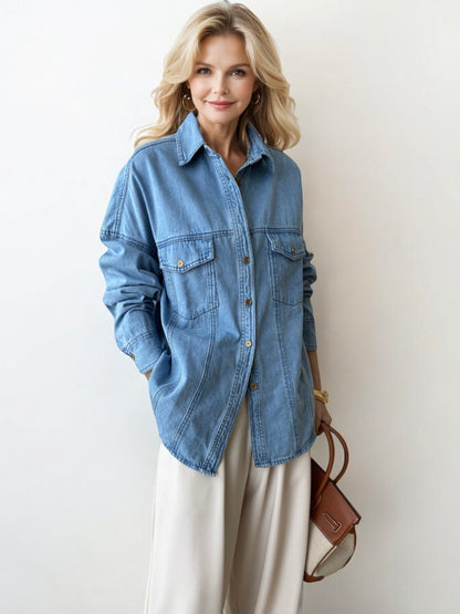 Oversized Button-Up Denim Shirt Jacket with Front Pocket Details