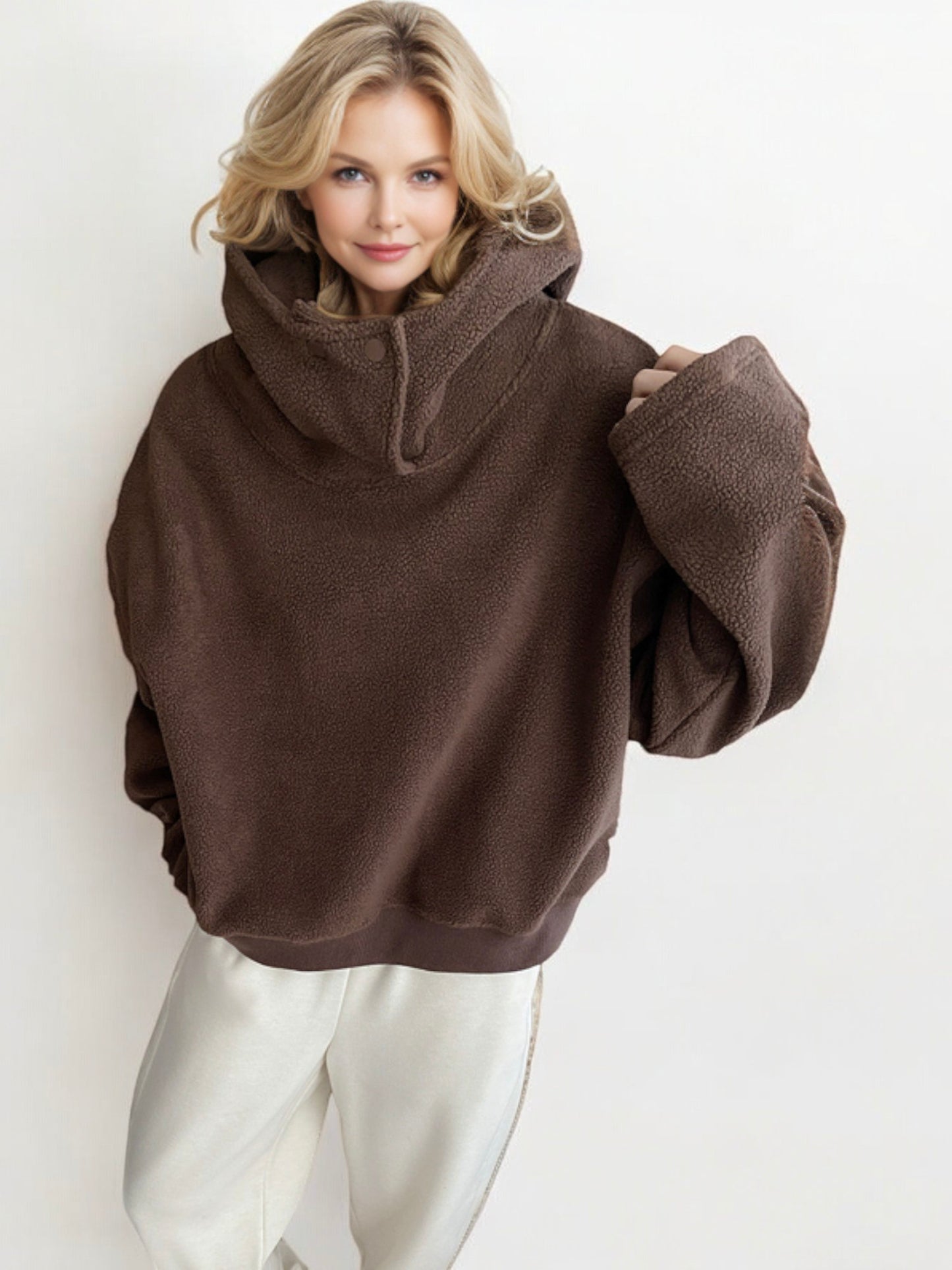 Oversized Sherpa Pullover with Funnel Neck and Button Detail