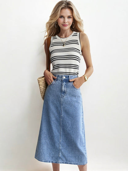 High Waist A-Line Denim Midi Skirt with Front Pockets