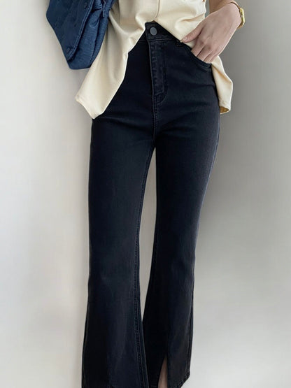 High Waist Skinny Jeans with Front Slit Hem and Classic 5-Pocket Design