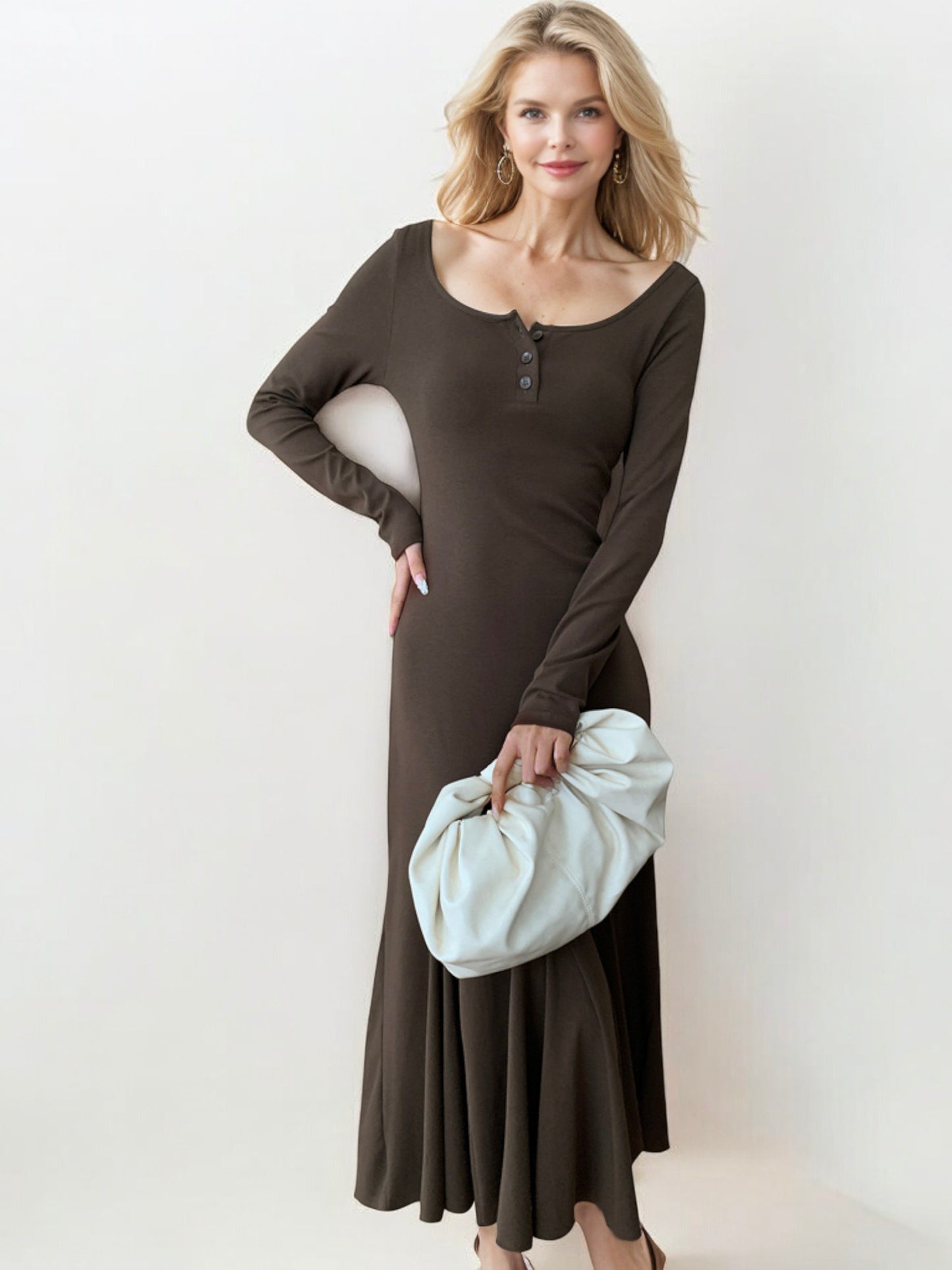 Long Sleeve Flared Hem Maxi Dress with Button Detail