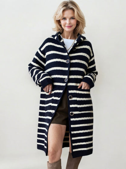 Striped Hooded Long Cardigan with Button Front Closure