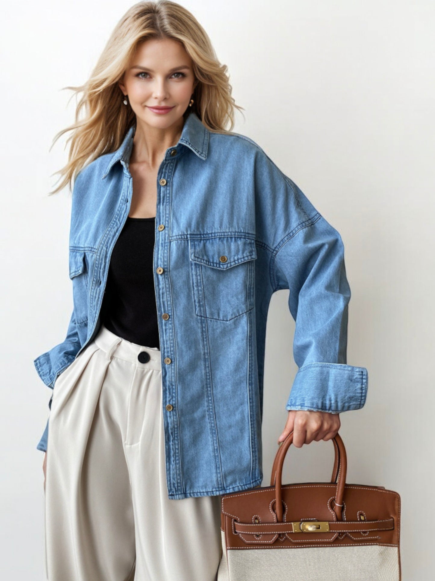 Oversized Button-Up Denim Shirt Jacket with Front Pocket Details