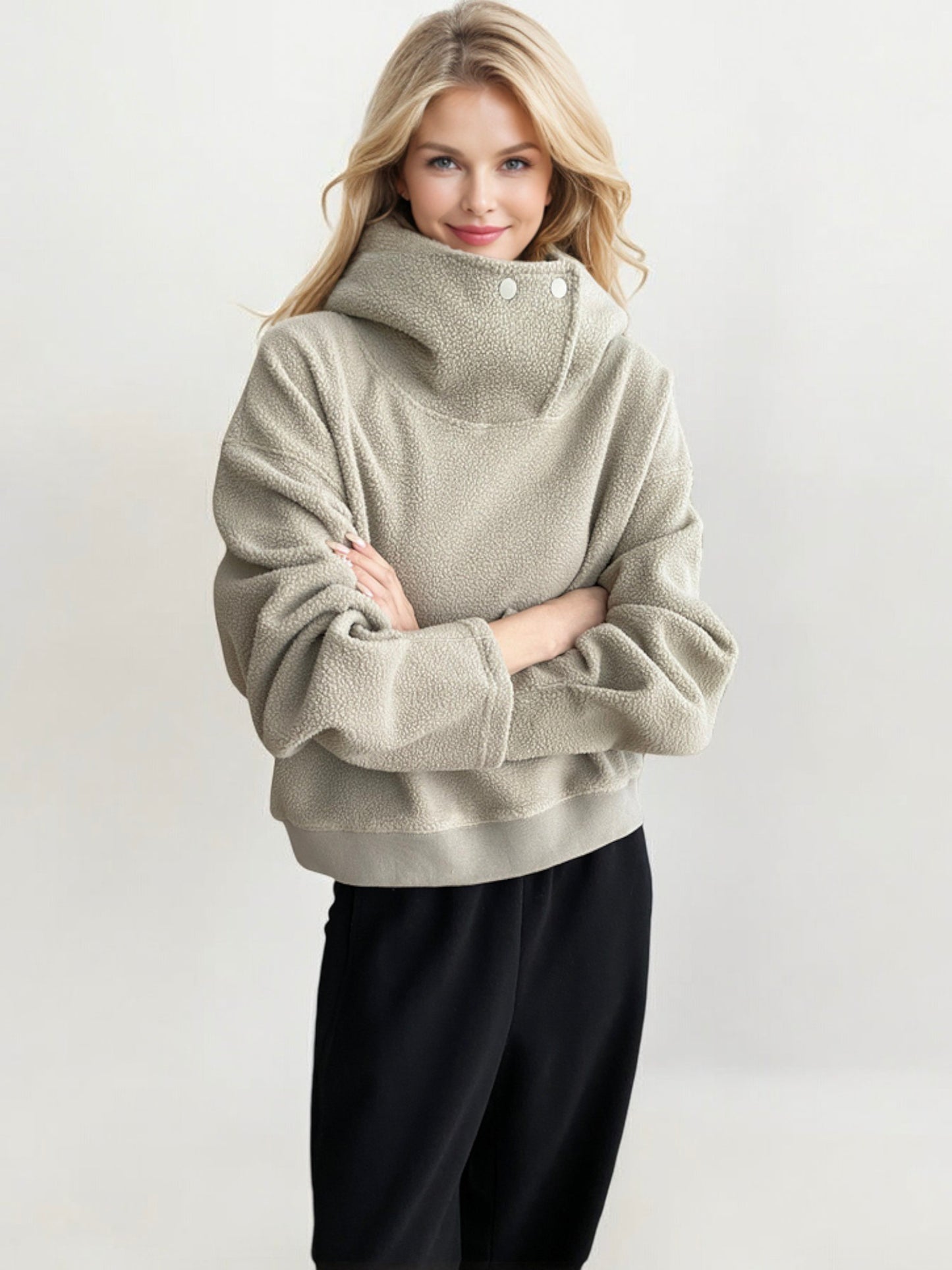 Oversized Sherpa Pullover with Funnel Neck and Button Detail