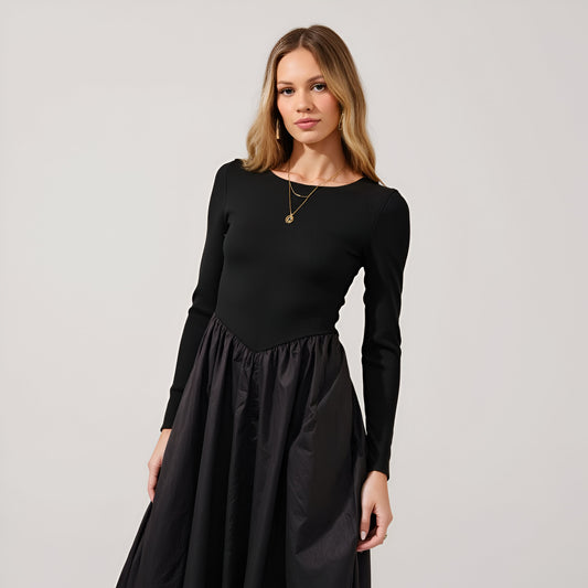 Ribbed Maxi Dress with Boat Neck, V-Peaked Waist and Contrast Details