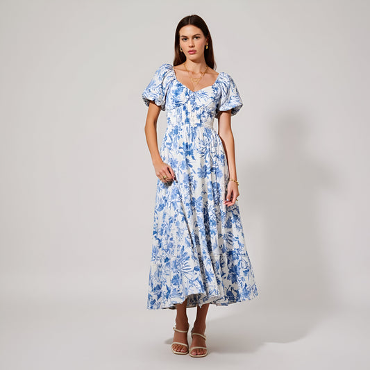 Floral Print Maxi Dress with Puff Sleeves, Sweetheart Neckline, Ruched Bodice and Tiered Hem
