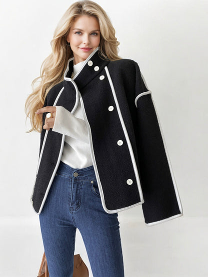 Double-Breasted Contrast Trim Wool Blend Coat with Wide Lapels