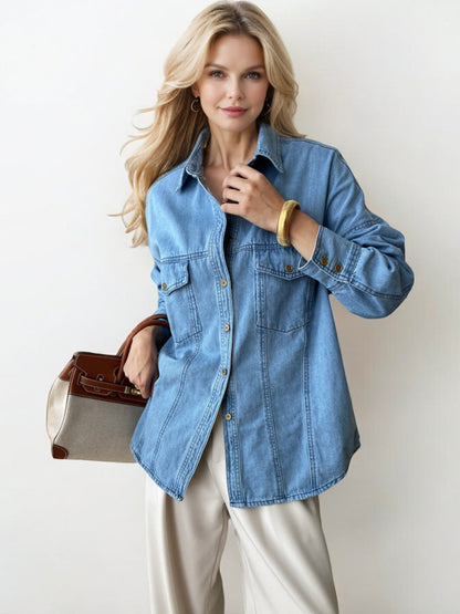 Oversized Button-Up Denim Shirt Jacket with Front Pocket Details