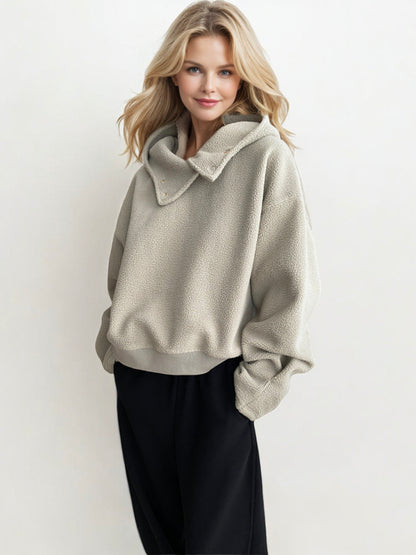 Oversized Sherpa Pullover with Funnel Neck and Button Detail