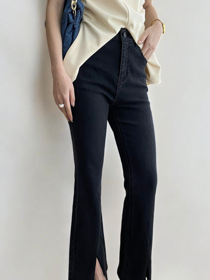 High Waist Skinny Jeans with Front Slit Hem and Classic 5-Pocket Design