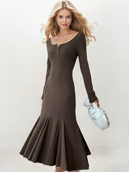 Long Sleeve Flared Hem Maxi Dress with Button Detail