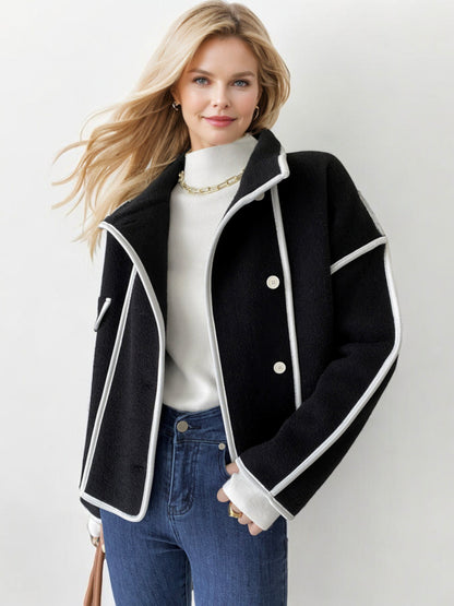 Double-Breasted Contrast Trim Wool Blend Coat with Wide Lapels