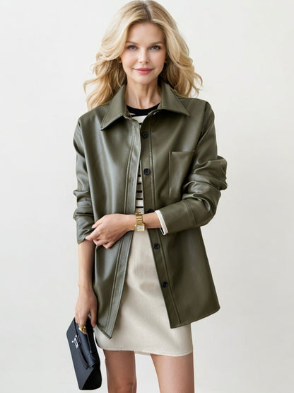 Faux Leather Button-Down Shirt Jacket with Front Pocket