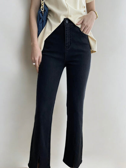 High Waist Skinny Jeans with Front Slit Hem and Classic 5-Pocket Design