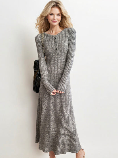 Ribbed Knit Maxi Dress with Button Detail and Long Sleeves