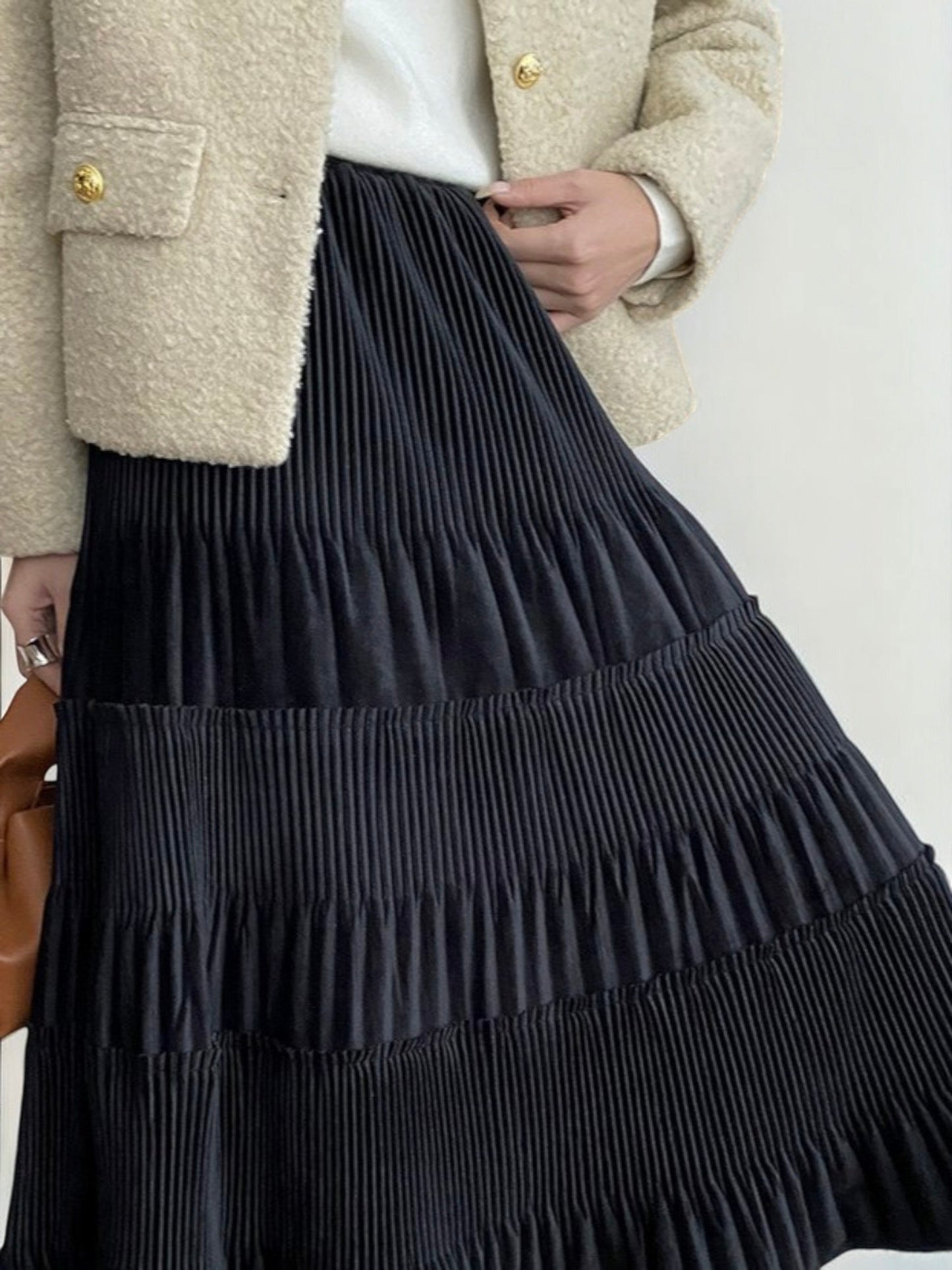 Tiered Pleated Midi Skirt with Elastic Waist and Flounce Hem