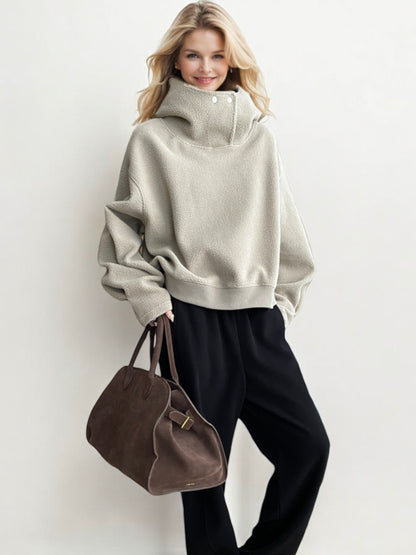 Oversized Sherpa Pullover with Funnel Neck and Button Detail