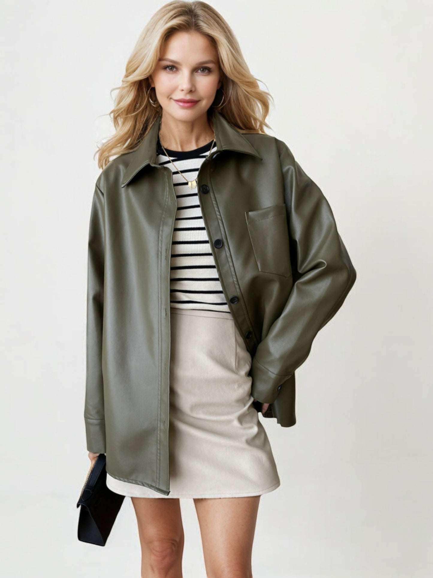 Faux Leather Button-Down Shirt Jacket with Front Pocket