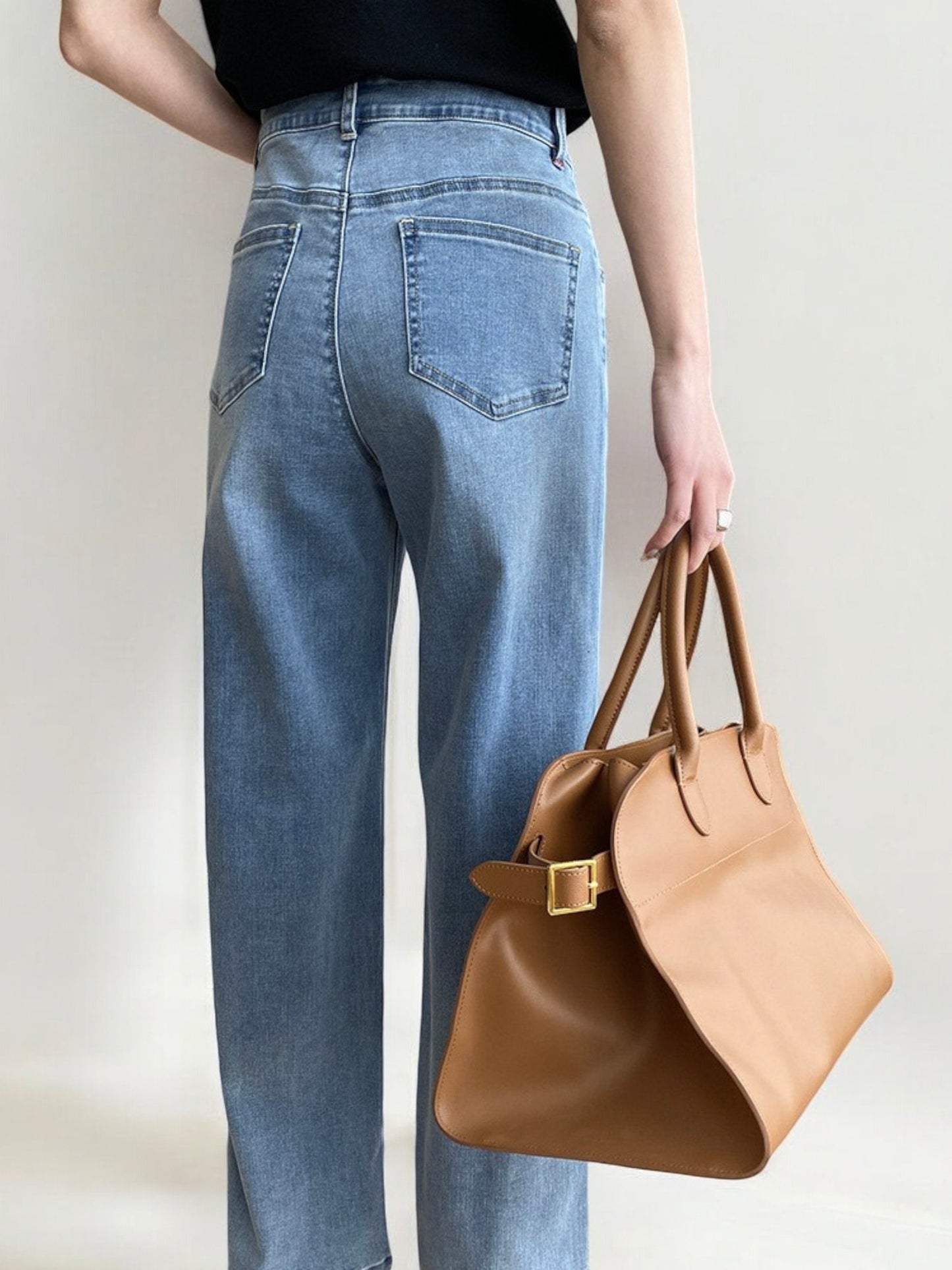 High Waist Straight Leg Denim Jeans with Seam Detail